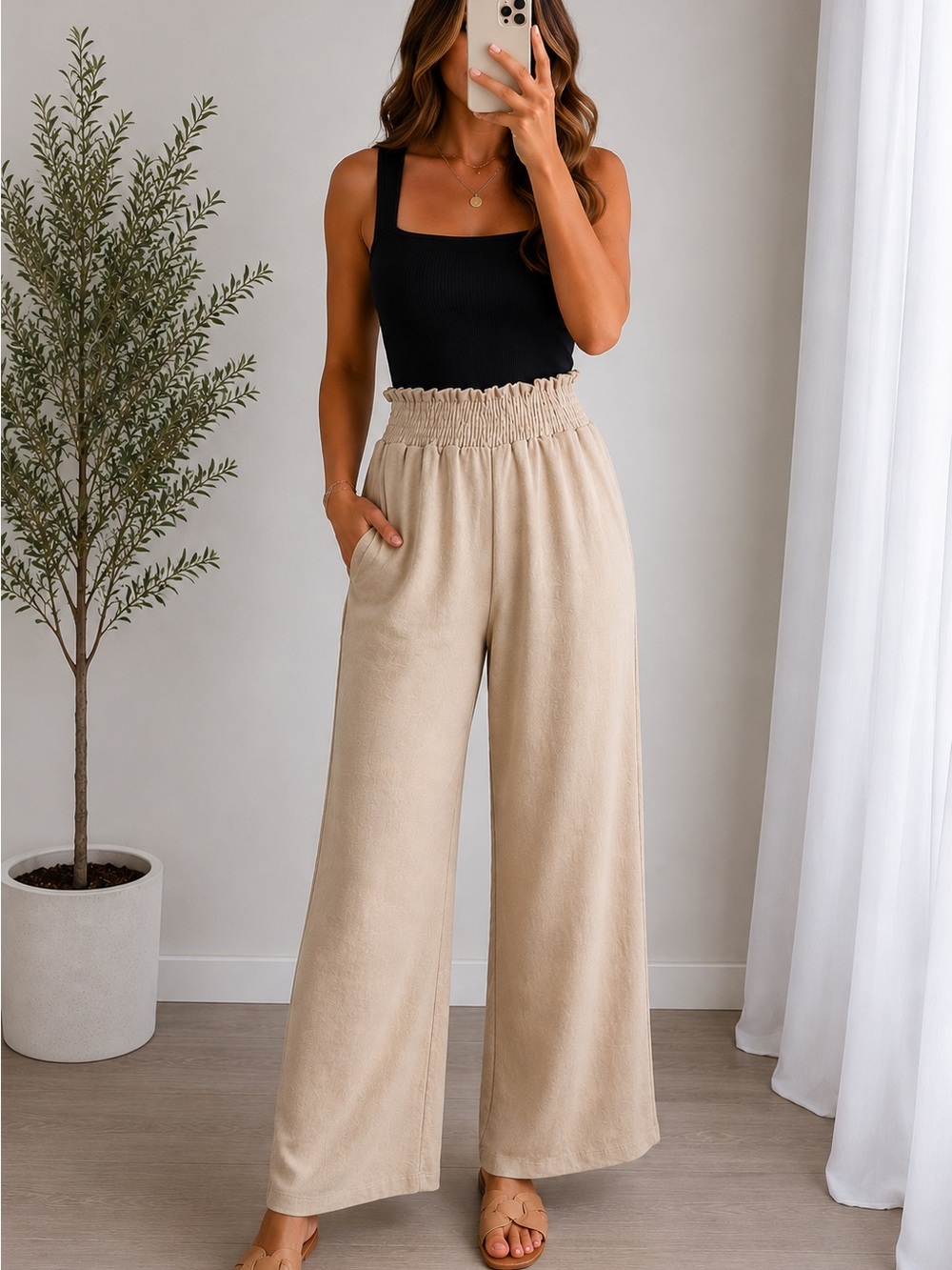La La Muse Beige Wide Leg Pants Smocked Waist Pockets NWT Size Large